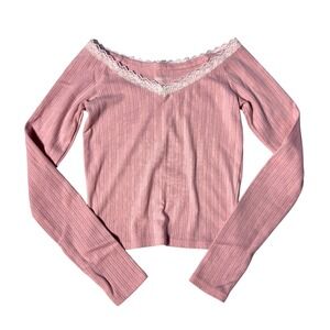 Hollister Babydoll Top Womens XS Pink Ribbed Lace Trim Long Sleeve Y2K